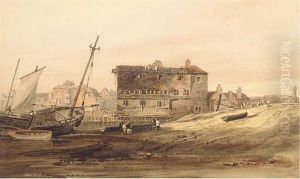 Shipping Vessels Beached By An Old Wharf With A Town Beyond by Samuel Prout