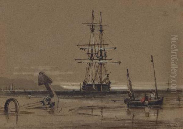 A Trading Brig At Anchor Off The Coast - view 1