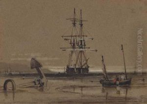 A Trading Brig At Anchor Off The Coast by Samuel Prout