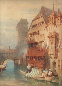 Figures Unloading A Barge On The River Pegnitz by Samuel Prout