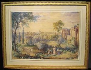 Italian Figures Overlooking Baths Of Caracalla With St. Peters Inthe Distance by Samuel Prout