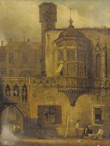 Figures Outside A Continental Courtyard by Samuel Prout