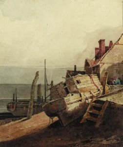 A Beached Fishing Vessel, With Fishermen Beyond by Samuel Prout