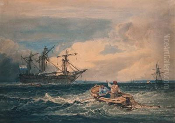 Figures In A Fishing Boat Approaching An Anchored Man-o-war - view 1