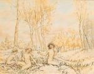 Three Wood Nymphs Gathering Flowers In A Wood by Arthur Rackham