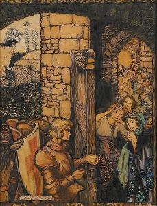 Sir Galahad Opens The Gates Of The Castle Of Maidens by Arthur Rackham