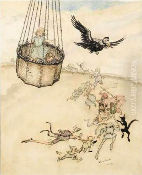 Two Children In The Basket Of A
Balloon Accompanied By A Rook Soaring Above The Zankiwank And Other
Running Figures - view 1