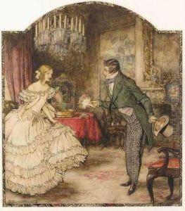A Young Man Presenting A Bouquet To A Girl Standing In A Drawing Room