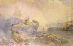 Figures In A Boat In A Mountainous River Landscape Figures In A Boat In A Mountainous River Landscape