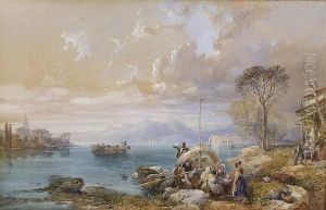 Italian Lake Scene With Boats And Figures by Thomas Miles Richardson
