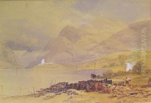 Workman Stacking Lumber Beside A Lake by Thomas Miles Richardson