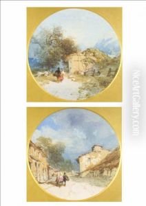 Figures On A Country Lane
Approaching A Timber Framed Building; Figures On A Sunlit Lane, A
Building Nearby And Mountains Beyond by Thomas Miles Richardson