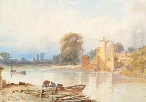 River Scene With Figures In Rowing Boat, And Buildings Beyond