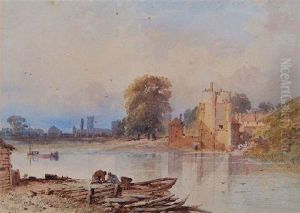 River Landscape With Tower And Figures On A Jetty