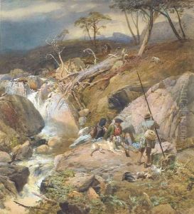 A Highland Burn With An Angler
Conversing With Two Gillies Other Sportsmen Can Be Seen Approaching From
The Distance by Thomas Miles Richardson