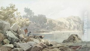 Two Figures With A Dinghy On A Rocky Shore