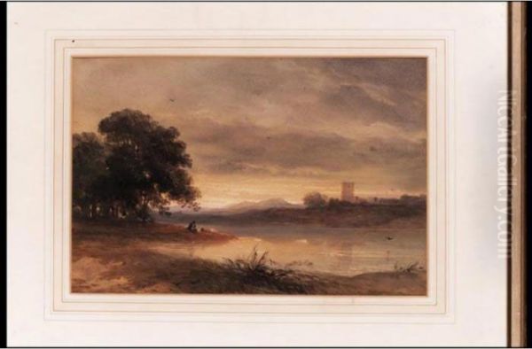 A Fisherman On A River With A Castle And Mountains Beyond - view 1