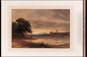 A Fisherman On A River With A Castle And Mountains Beyond by Thomas Miles Richardson