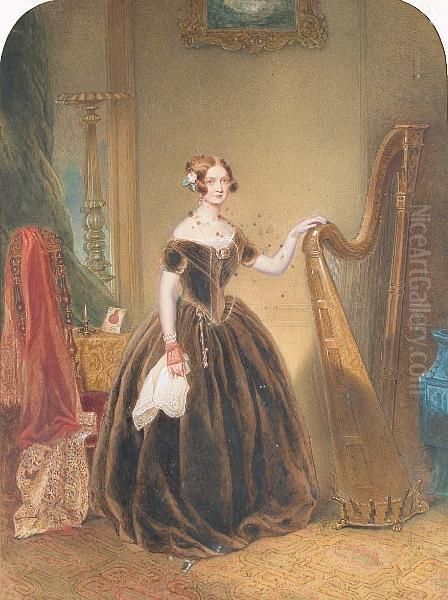 An Elegant Harpist In An Interior. - view 1