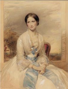 Portrait Of A Young Lady In A 
White Dress With A Blue Sash, On A Terrace, A Landscape Beyond
