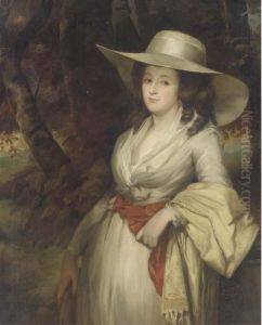 Portrait Of A Lady, Three-quarter-length, In A White Dress Andstraw Hat by George Romney