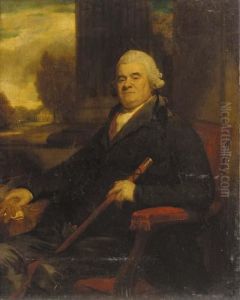 Portrait Of Sir Benjamin Truman,
Seated Three-quarter-length, In A Dark Green Coat, Holding A Cane In
His Left Hand, A Country House Beyond by George Romney
