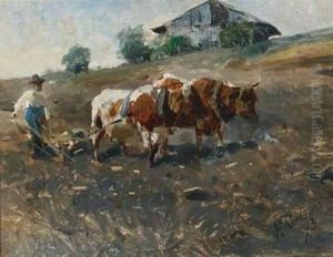 Farmer Ploughing With Oxen by Franz Roubaud