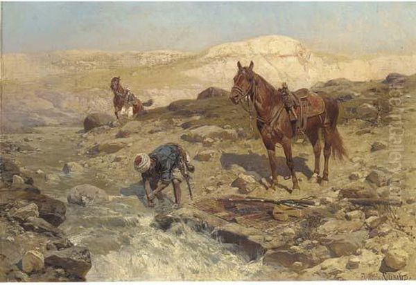 Horsemen At A River - view 1
