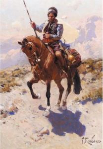 Lone Caucasian Warrior On Horseback by Franz Roubaud