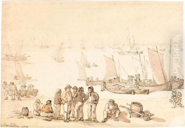 Sailors On The Shore, With A Fleet Of Ships In The Distance - view 1