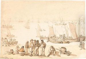 Sailors On The Shore, With A Fleet Of Ships In The Distance by Thomas Rowlandson