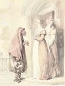 An Old Woman With Two Girls At A Doorway by Thomas Rowlandson