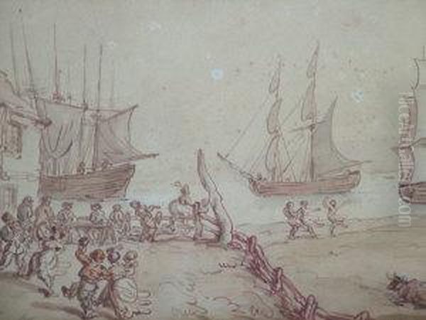 Villagers Merrymaking By A Tavern With Moored Shipping In A Harbour - view 1