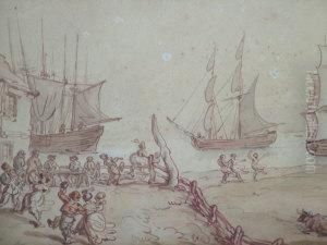 Villagers Merrymaking By A Tavern With Moored Shipping In A Harbour by Thomas Rowlandson