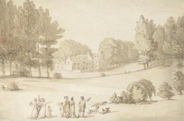 Figures Walking In The Grounds Of A Country House - view 1