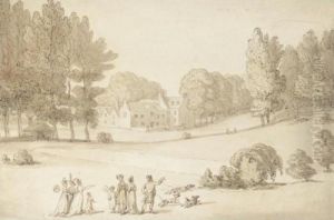Figures Walking In The Grounds Of A Country House by Thomas Rowlandson