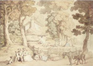 A Family, Horses And Pigs By A Cottage