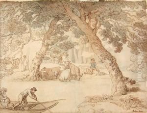 A Tranquil River Scene With A Lady And Her Child In A Punt