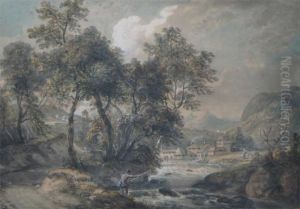 A Fisherman In A River Landscape A Village Beyond by Paul Sandby