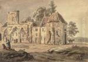 Figures Resting Before A Ruined Manor House