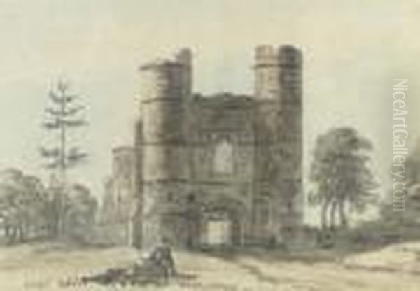 A Figure Before A Ruined Gate Tower - view 1