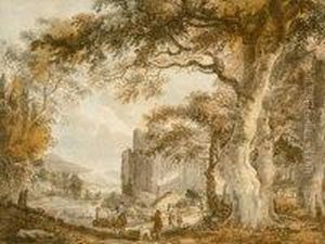 Ra - A Capriccio Landscape With Figures Before A Castle by Paul Sandby