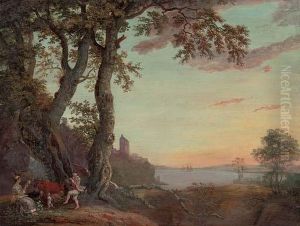 An Extensive Wooded River Landscape With An Amorous Couple Making Music Under A Tree