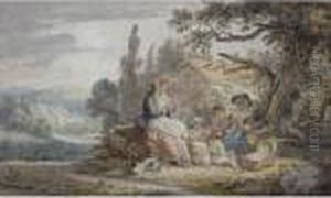 Open Landscape In Wales With Women And Children By A Cottage by Paul Sandby