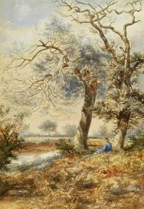 Young Lady Seated By Trees In An Autumn Landscape by Thomas Smythe