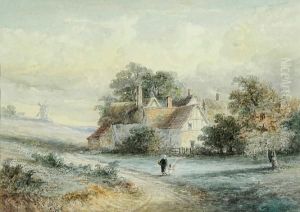 A Mother And Child Outside A Thatched Farmhouse