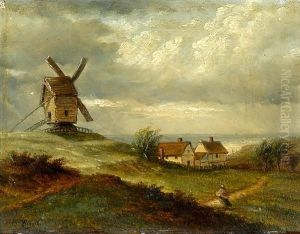 A Windmill And Cottages By The Sea Shore