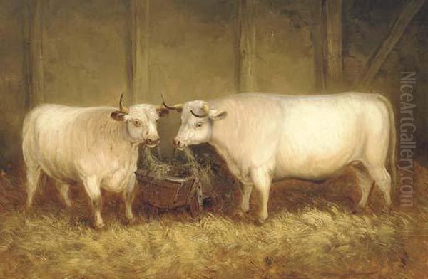Two Longhorn Cattle By A Manger - view 1
