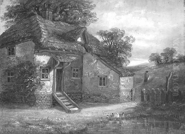 Ducks By The Pond Before A Thatched Cotage - view 1