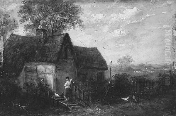 A Figures With Chickens On A Footbridge Before A Thatched Cottage - view 1